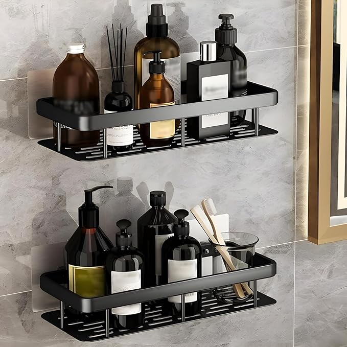 BESTINO Home Storage Organiser Black Shower Storage Box Aluminum Alloy Wall Mounted Shower Caddy for indoor Shower Strong Adhesive No Drilling Required Easy to install .