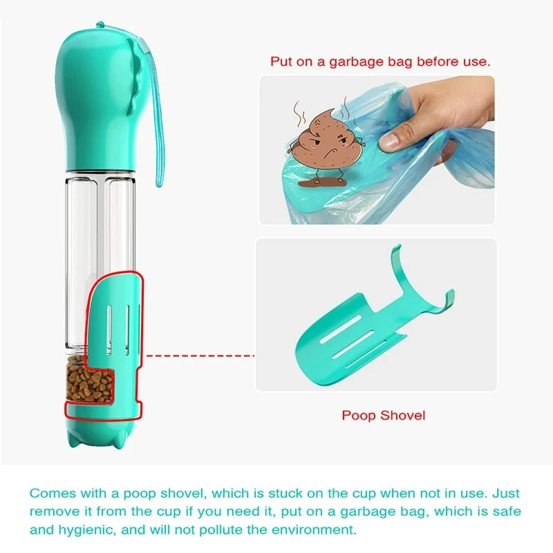 Portable DOG / CAT Water Bottle Food Feeder Drinking Poop Dispenser 3 In 1 .
