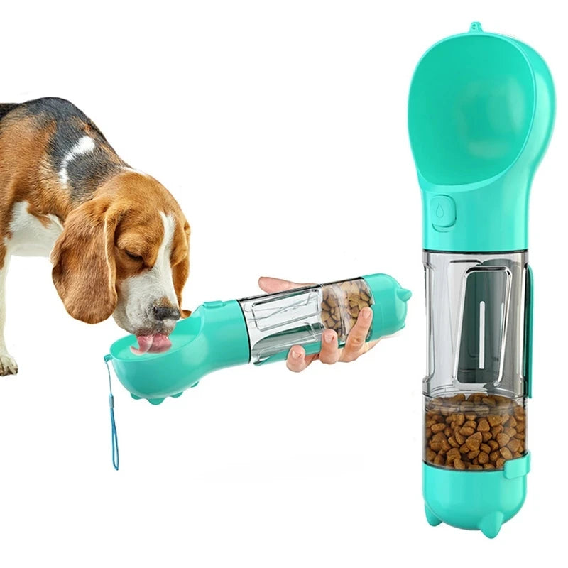Portable DOG / CAT Water Bottle Food Feeder Drinking Poop Dispenser 3 In 1 .