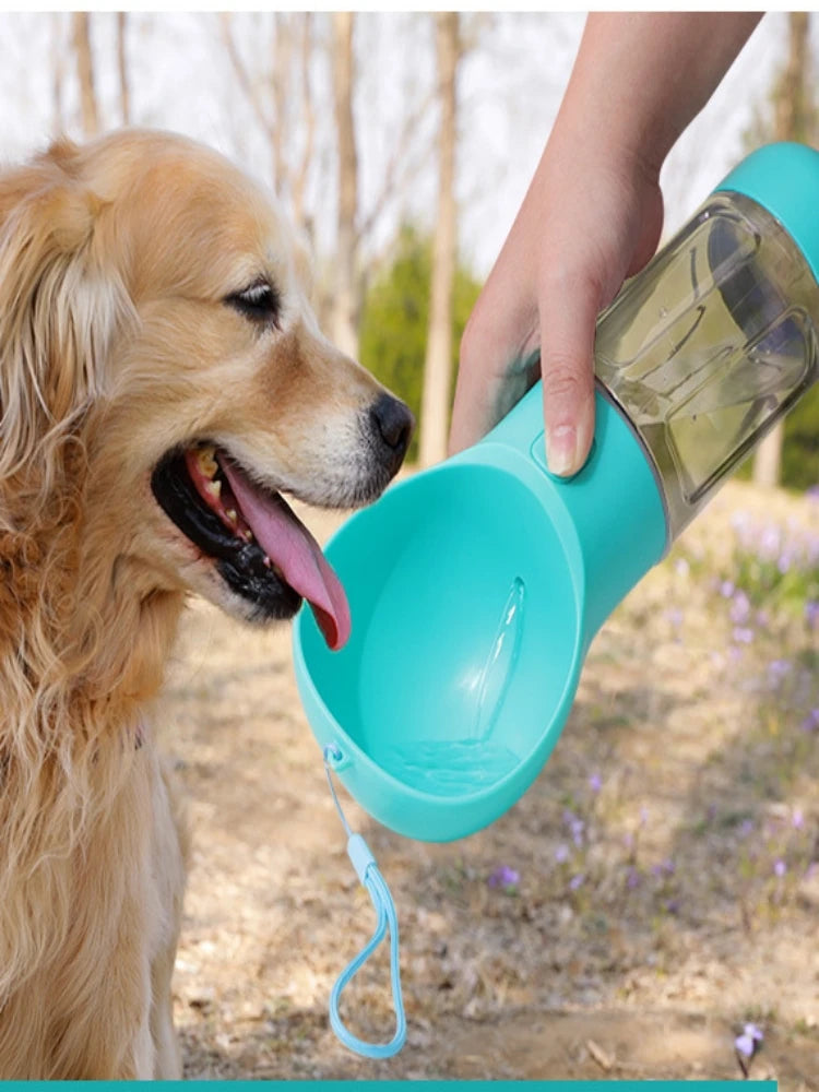 Portable DOG / CAT Water Bottle Food Feeder Drinking Poop Dispenser 3 In 1 .