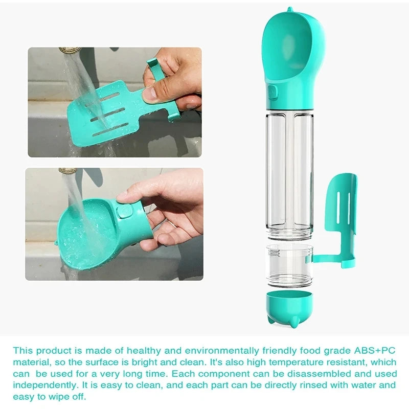 Portable DOG / CAT Water Bottle Food Feeder Drinking Poop Dispenser 3 In 1 .