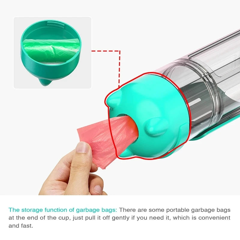 Portable DOG / CAT Water Bottle Food Feeder Drinking Poop Dispenser 3 In 1 .