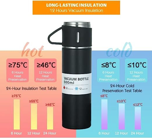 Steel Vacuum Flask Set with 3 Stainless Steel Cups Combo - 500ml