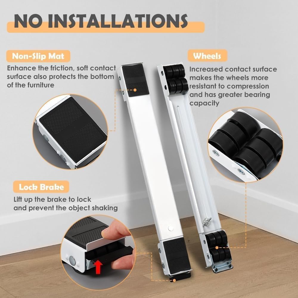 BESTINO Heavy Duty Furniture Mover Roller Set, Adjustable Appliance Moving Base with Locking Brake,Extendable Washing Machine Stand for Refrigerator & Other Heavy Furniture Mover Wheels