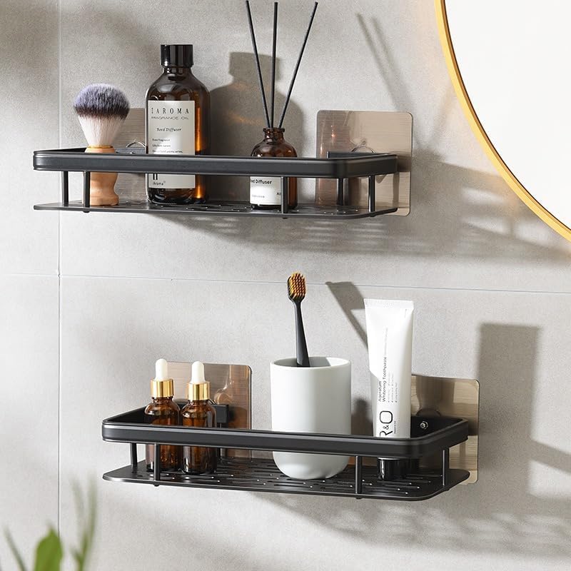 BESTINO Home Storage Organiser Black Shower Storage Box Aluminum Alloy Wall Mounted Shower Caddy for indoor Shower Strong Adhesive No Drilling Required Easy to install .