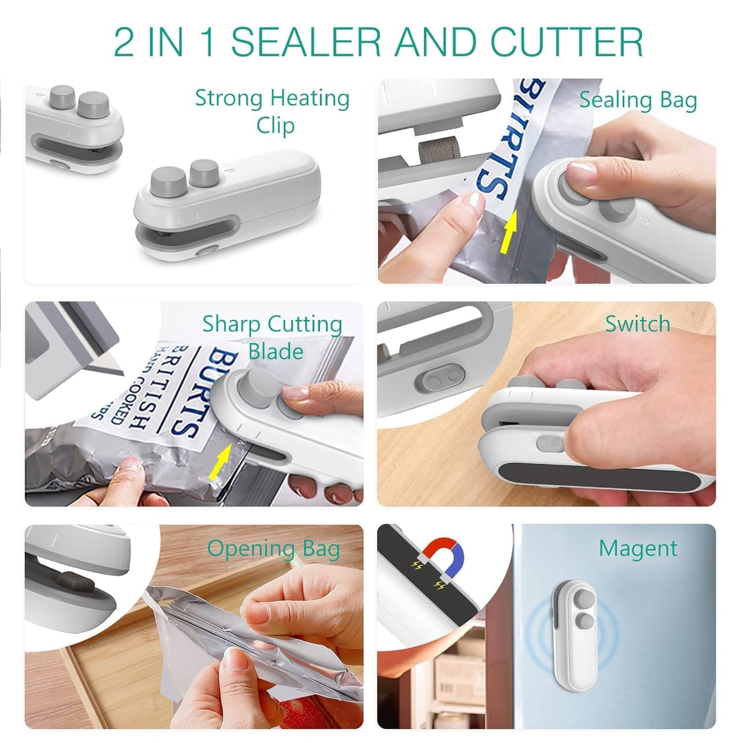 Portable 2 in 1 USB Rechargeable Magnetic Sealer.