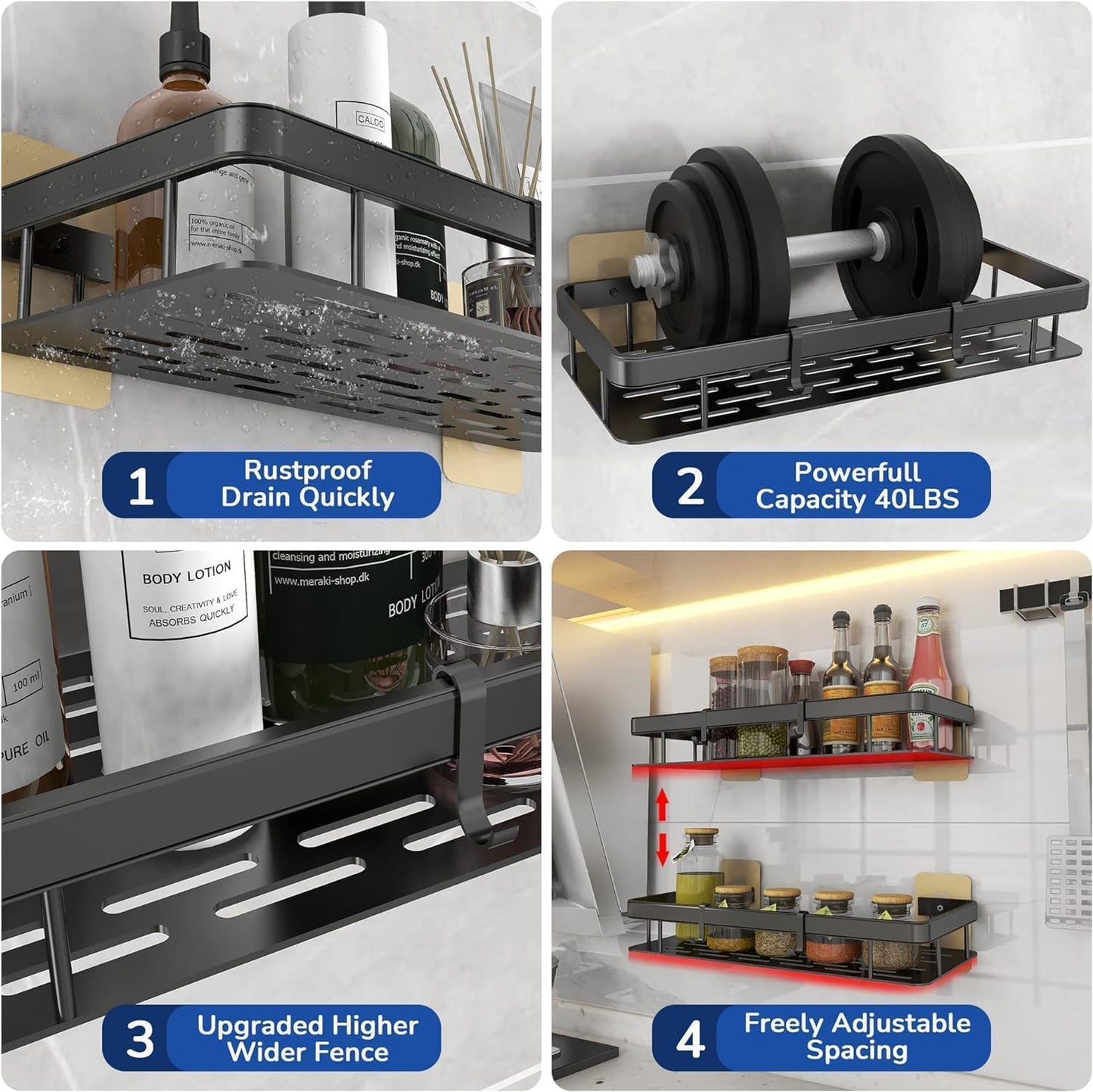BESTINO Home Storage Organiser Black Shower Storage Box Aluminum Alloy Wall Mounted Shower Caddy for indoor Shower Strong Adhesive No Drilling Required Easy to install .