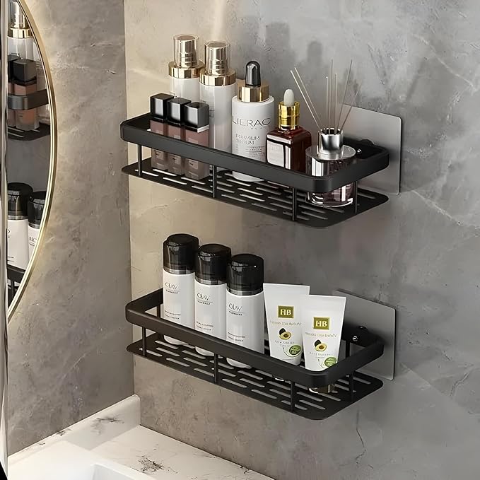BESTINO Home Storage Organiser Black Shower Storage Box Aluminum Alloy Wall Mounted Shower Caddy for indoor Shower Strong Adhesive No Drilling Required Easy to install .