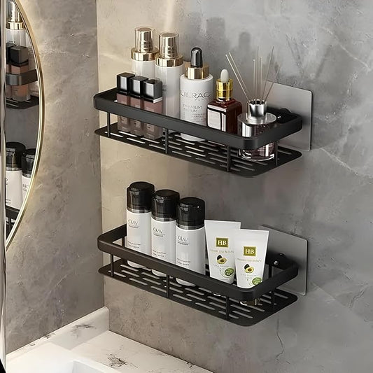 BESTINO Home Storage Organiser Black Shower Storage Box Aluminum Alloy Wall Mounted Shower Caddy for indoor Shower Strong Adhesive No Drilling Required Easy to install .