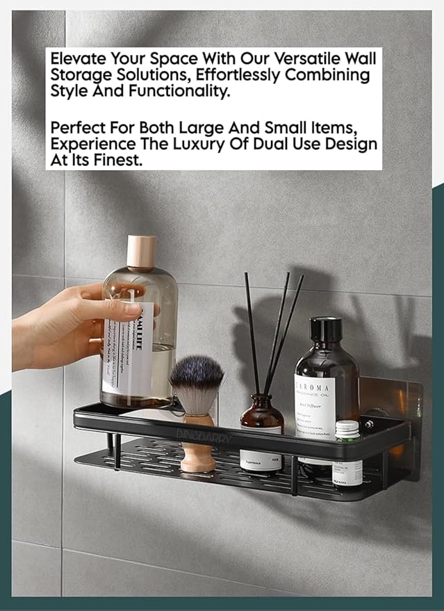 BESTINO Home Storage Organiser Black Shower Storage Box Aluminum Alloy Wall Mounted Shower Caddy for indoor Shower Strong Adhesive No Drilling Required Easy to install .
